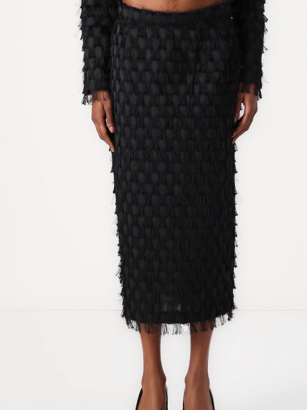 Day Birger et Mikkelsen black Fringe Textured Midi Pencil evening Coctail skirt - Picture 3 of 7